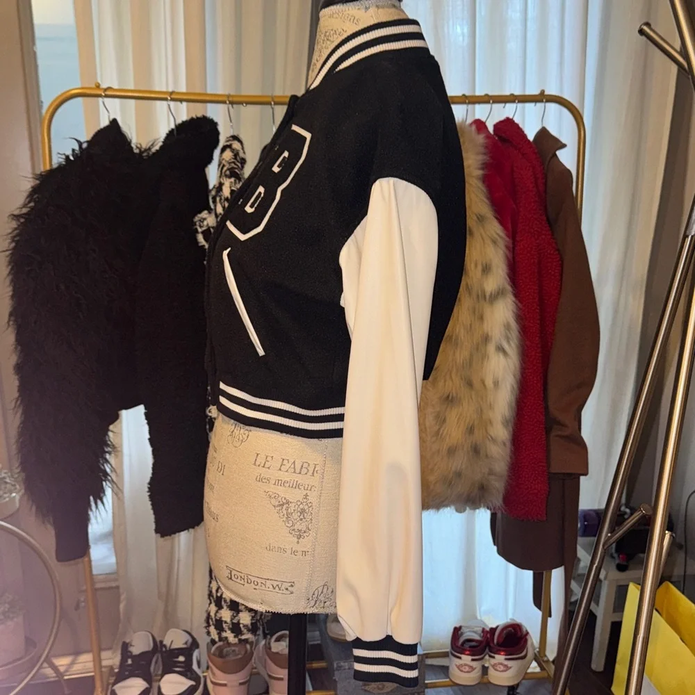 Love Tree Black & White Varsity Jacket B letterman snap closure bomber cropped S - Picture 3 of 12